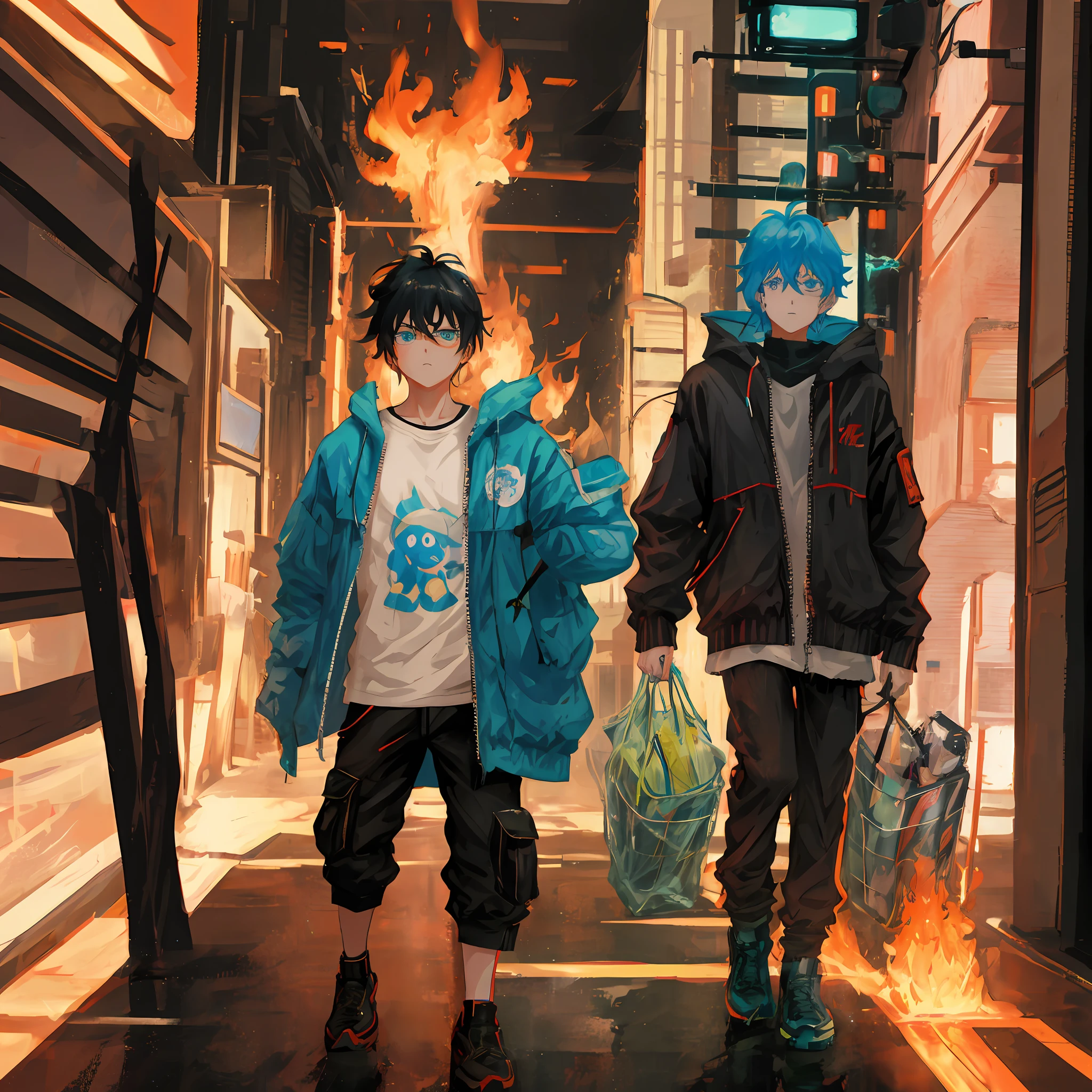 Anime boy and girl walking down the street, boy hand pointing up on chest, serious expression, fire background, anime style 4k, 2d anime style, badass anime 8k, digital cyberpunk anime art,