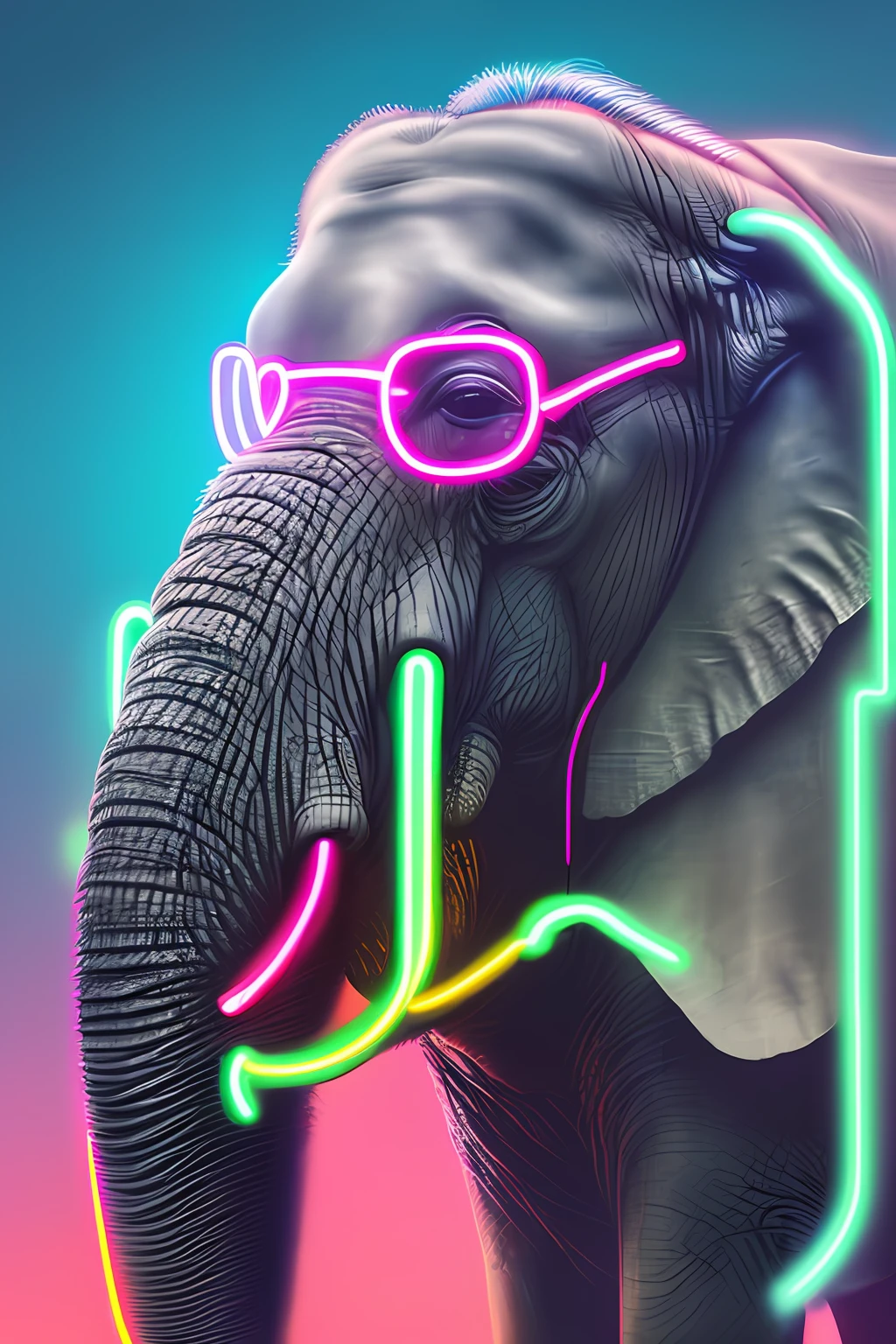 realism portrait of an elephant wearing (glasses) (current fashion, ((neon)) background dark lighting, close-up, product view, detailed facial details, perfect face, sharpness, trend in arts, sharp facial details, cgsociety, art ultra-quality digital, exquisite hyper details, 4k, 8k neon lighting, --iso 100 dreamy, fashion -