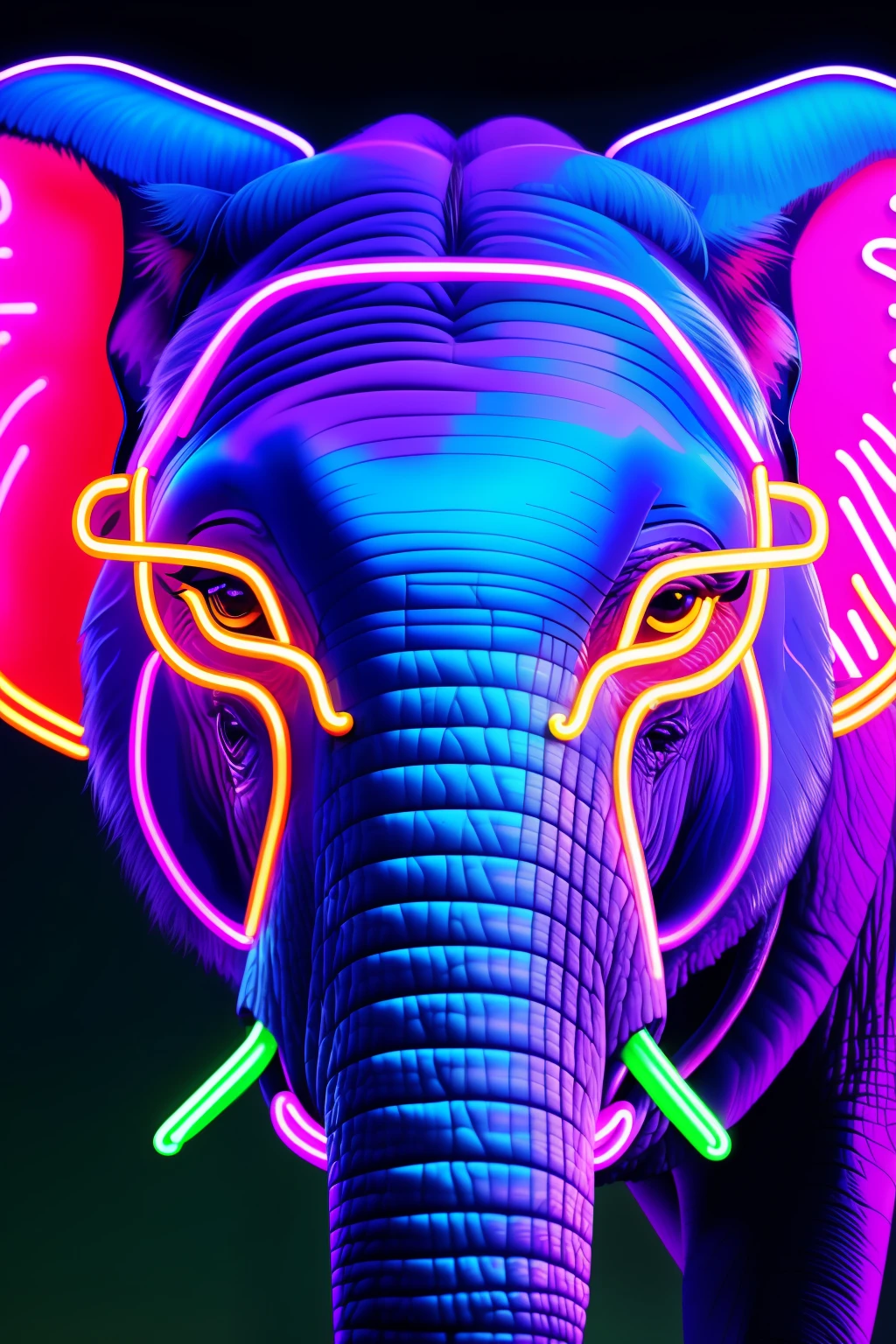 realism portrait of an African elephant animal wearing (glasses) ((neon)) background dark lighting, close-up, product view, detailed facial details, perfect face, sharpness, trend in arts, sharp facial details, cgsociety, digital art of ultra quality, hyper exquisite details, 4k, 8k neon lighting, --iso 100 dreamy, fashion -