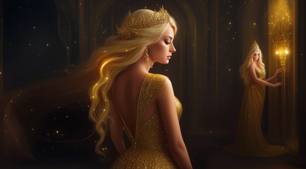 arafed woman in a gold dress standing in a dark room, half-turned lady in evening gown, blonde girl in a cosmic dress, dramatic lighting fantasy, beautiful and elegant elf queen, karol bak uhd, beautiful fantasy portrait, fantasy woman, wearing an elegant dress, wearing a magnificent dress, fantasy gorgeous lighting, high quality fantasy stock photo, elegant dress