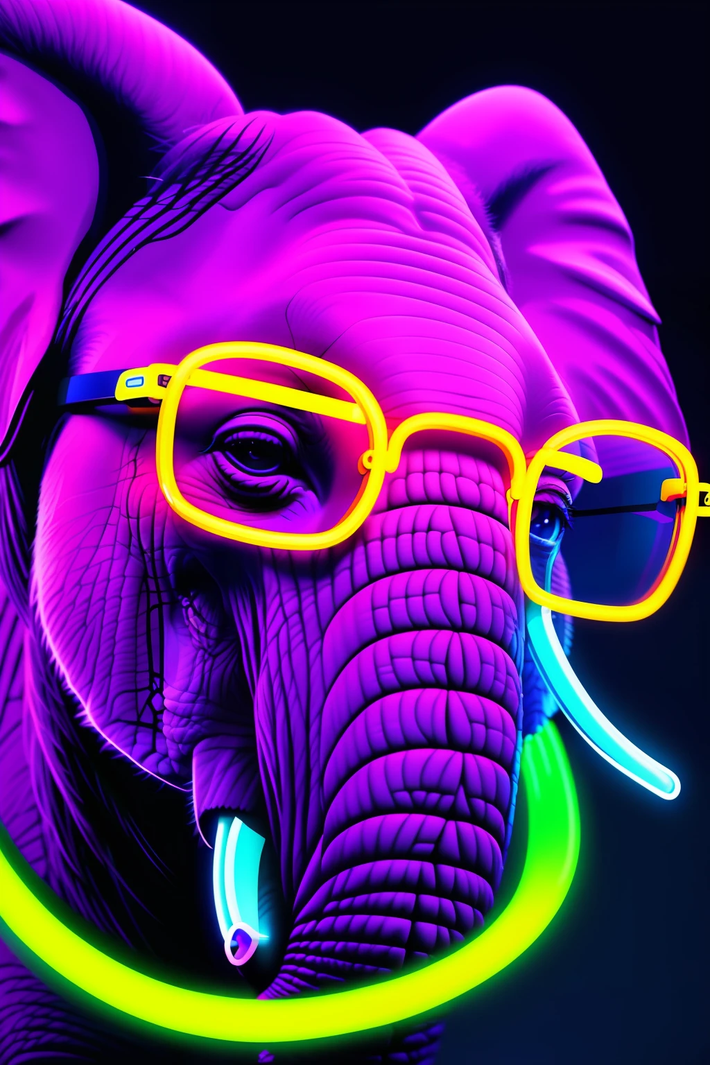 realism portrait of an African elephant animal wearing (glasses) ((neon)) background dark lighting, close-up, product view, detailed facial details, perfect face, sharpness, trend in arts, sharp facial details, cgsociety, digital art of ultra quality, hyper exquisite details, 4k, 8k neon lighting, --iso 100 dreamy, fashion -