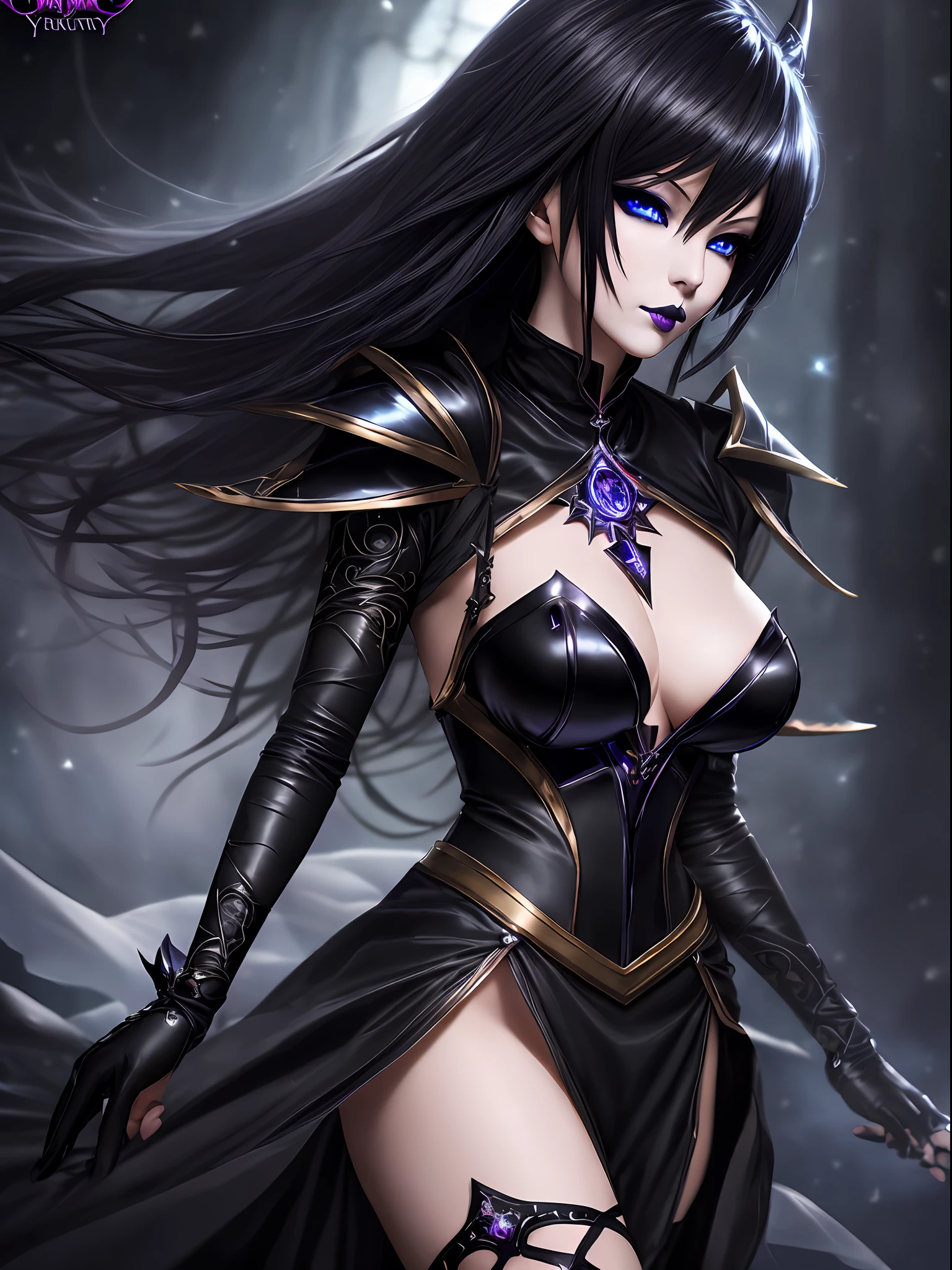 Black magician from the anime Yu-Gi-Oh in an ultra realistic and detailed version very sexy cute passionate, detailed bright blue eyes, low-cut top made of fine tulle fabric, semi-transparent black fabric, detailed skin, depth, vibrant colors, plunging neckline, medium breasts , thin waist, thick legs, delicate and detailed face, black lipstick, dark eyeshadow, realistic loose hair, human, beautiful girl, unique work of art, short gloves, magic, dark blurred background, hd maximum quality realistic photography style 50mm fantasy effect lens