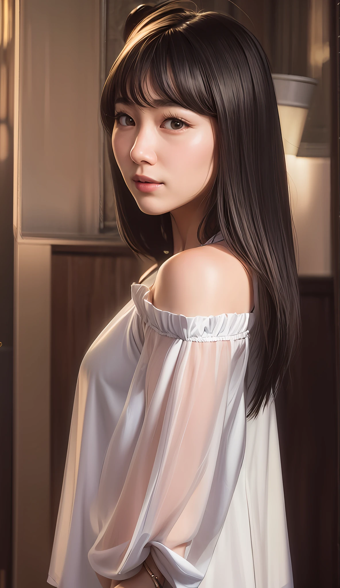 (Realistic:1.5),(raw photo:1.4), (photorealistic:1.3),(masterpiece), best quality, highest quality, extremely detailed CG unity 8k wallpaper, detailed and intricate, original,highres,    [:(detailed face:1.2):0.2],film grain, Fujifilm XT3, (high detailed skin:0.9), 8k,(ulzzang-6500:0.9), balcony, show by rock!!, light smile, cleavage, detailed  gradient background, full body, sunlight,