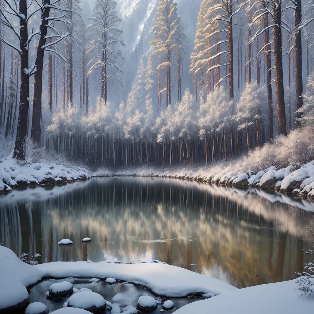 Masterpiece, Best Quality, Realistic, Cinematic Shooting, Fine Detail, Very Fine Shadows, Intricate Scenery, With Textured Effects, High Quality, 700mm Telephoto Lens Vision, China National Geographic Style, Colors Rich, Strong HDR, High Contrast, High Definition, Jiuzhaigou Forest, Enhanced Evening Effect (Weight 1.3), Snow Elements (Weight 1.4), Stream Texture (Weight 1.4), Pebble Details (Weight 1.4), Waterfall (Weight 1.4), Colorful.