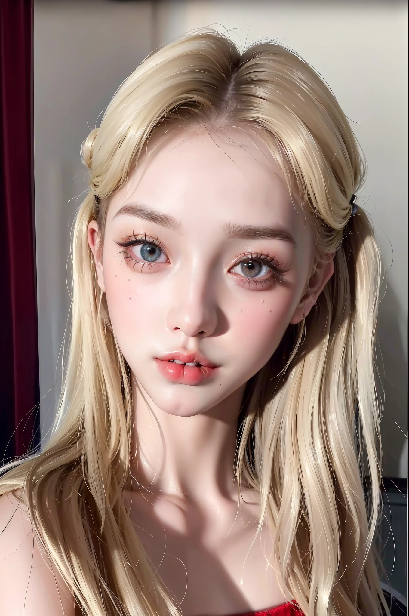 (8k, 4k, best quality, highres, ultra high res:1.1), (masterpiece, realistic, photo-realistic:1.1), 1girl, face, close-up, twintails, blonde hair, black eyes, red lips, (looking at viewer:1.5), absurdly long hair, long eyelashes, eyeshadow, small face, big eyes,
bare shoulders,
high contrast,