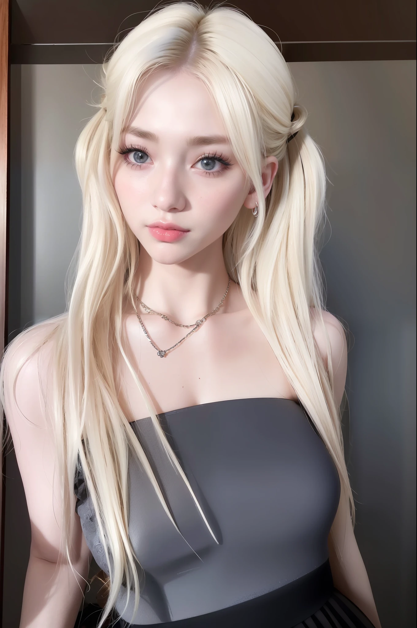 (8k, 4k, best quality, highres, ultra high res:1.1), (masterpiece, realistic, photo-realistic:1.1), 1girl,  face, close-up, twintails, blonde hair, black eyes, red lips,  (looking at viewer:1.5), absurdly long hair, long eyelashes, eyeshadow,  small face, big eyes,
bare shoulders,
high contrast,