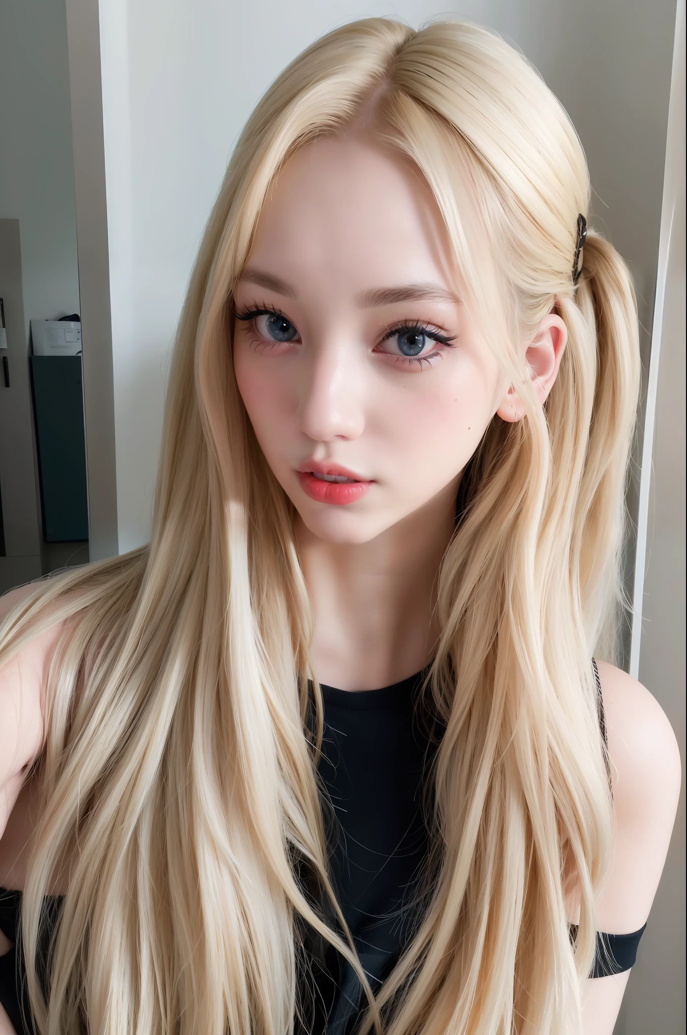 (8k, 4k, best quality, highres, ultra high res:1.1), (masterpiece, realistic, photo-realistic:1.1), 1girl, face, close-up, twintails, blonde hair, black eyes, red lips, (looking at viewer:1.5), absurdly long hair, long eyelashes, eyeshadow, small face, big eyes,
bare shoulders,
high contrast,