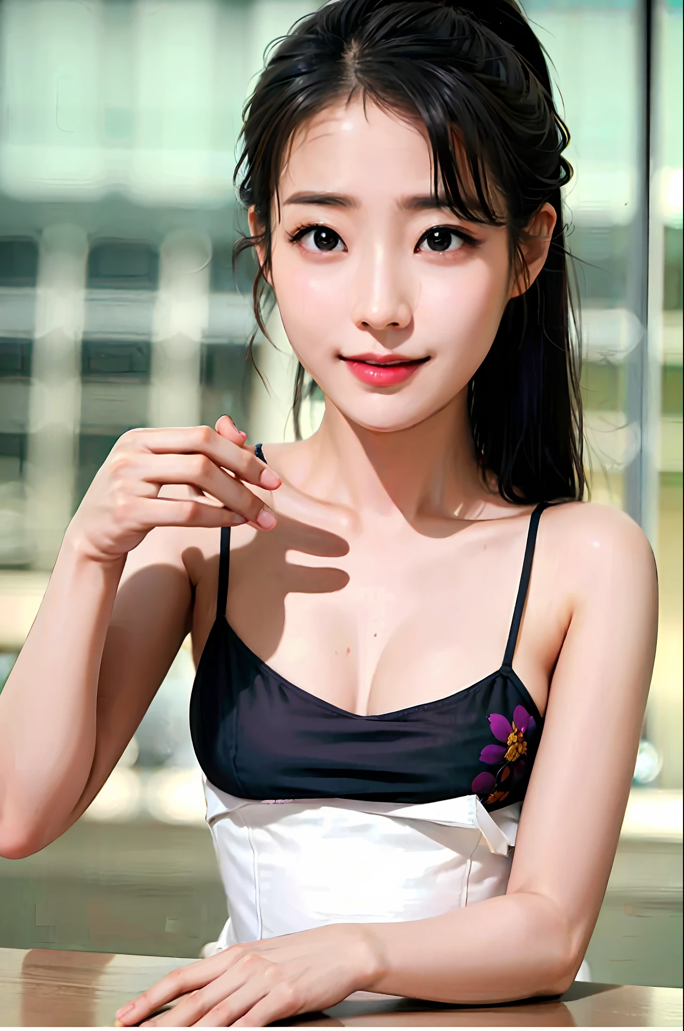 Korean girl, black hair, older sister, putting her hair in a ponytail and smiling to the narrator, high definition picture, masterpiece, (beautiful girl, cafe, enchanting, virgin, sexy), (secretary), coquettish smile, coquettish woman,