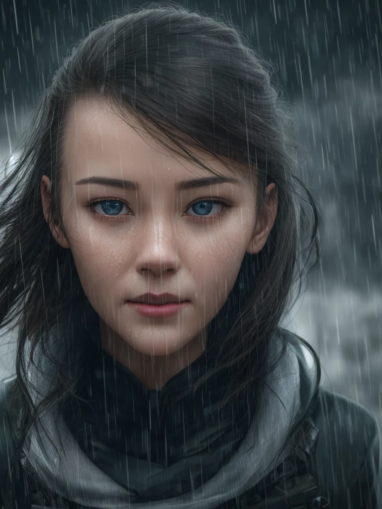 A woman walking toward the screen, face intact, body cyborg, rain, wind