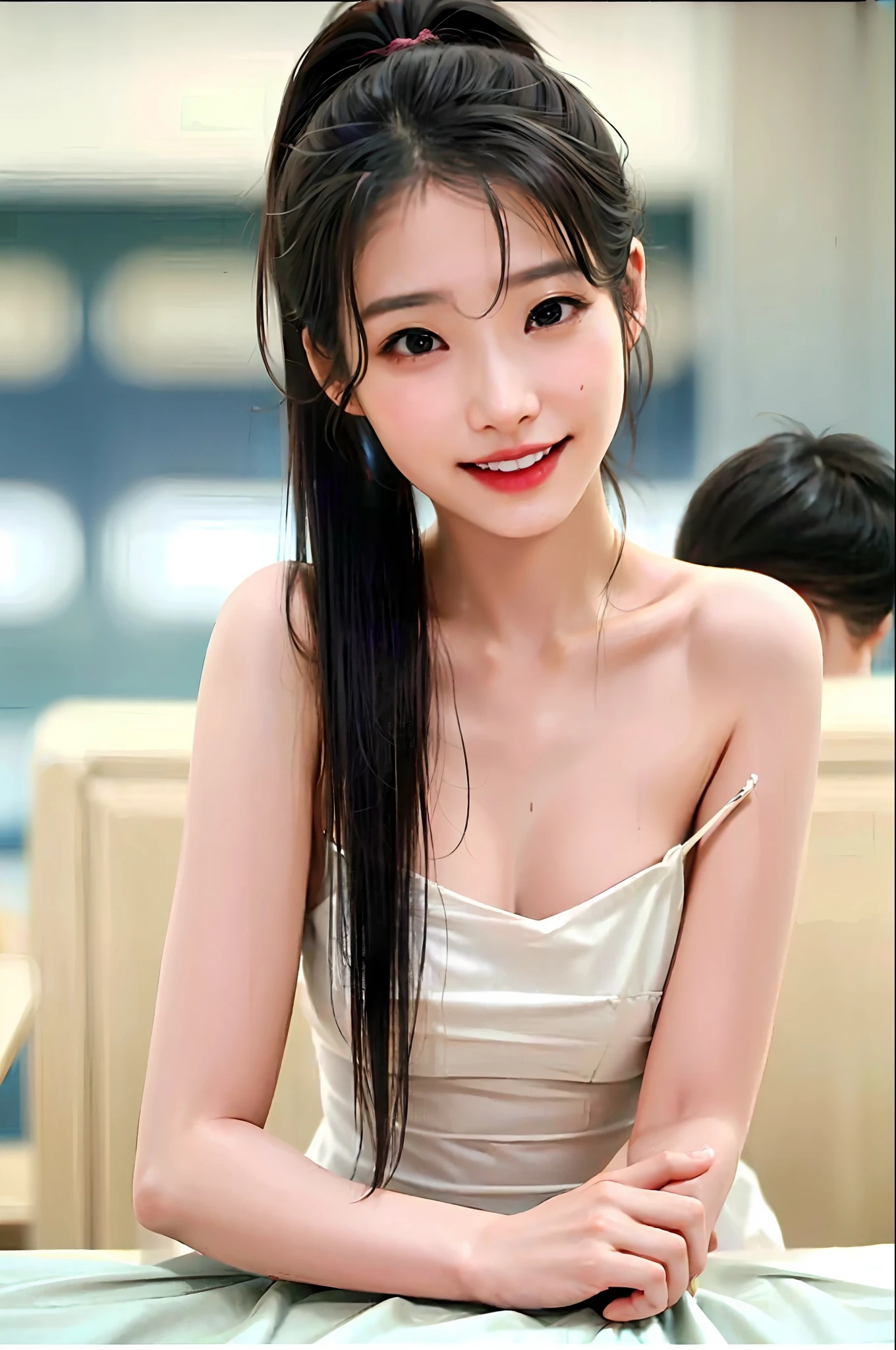 Korean girl, black hair, older sister, putting her hair in a ponytail and smiling to the narrator, high definition picture, masterpiece, (beautiful girl, cafe, enchanting, virgin, sexy), (secretary), coquettish smile, coquettish woman,