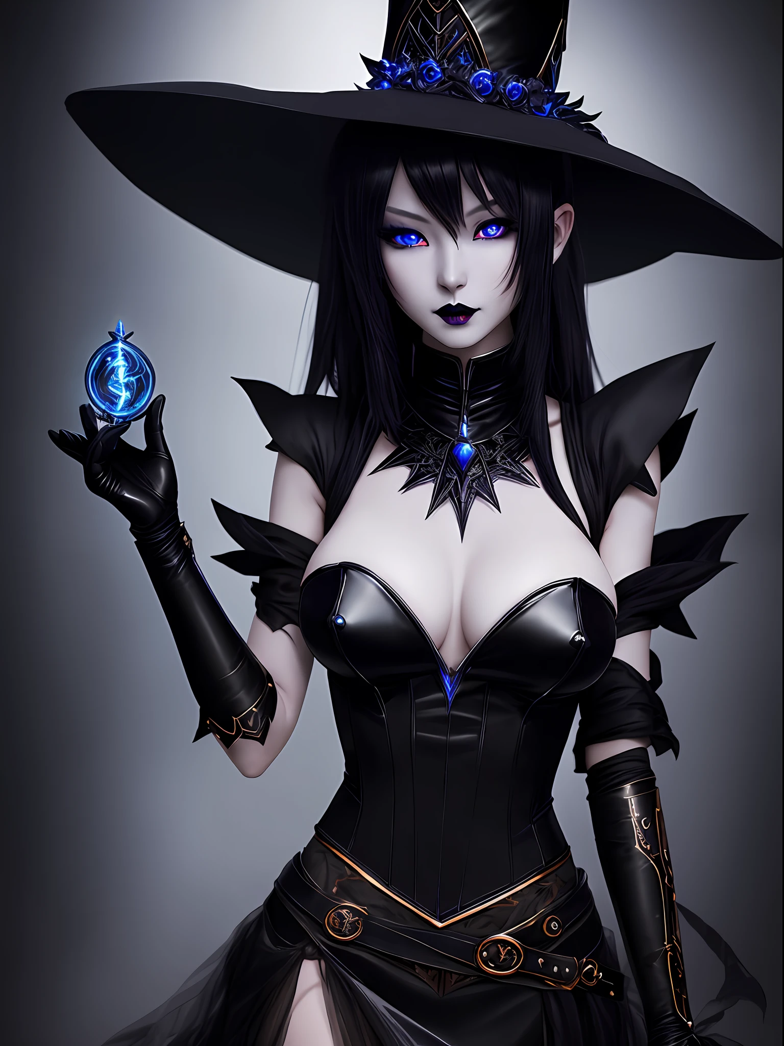 Black magician from the anime Yu-Gi-Oh in an ultra realistic and detailed version very sexy cute enthralling, detailed glowing blue eyes, low-cut top made of fine tulle fabric, magician hat, mini skirt, semi-transparent black fabric, detailed skin, depth, vibrant colors, cleavage, huge breasts, thin waist, thick legs, delicate and detailed face, black lipstick, dark eyeshadow, realistic loose hair, human, beautiful girl, a unique work of art, short gloves, magic, dark blurred background , hd maximum quality realistic photography style 50mm lens fantasy effect