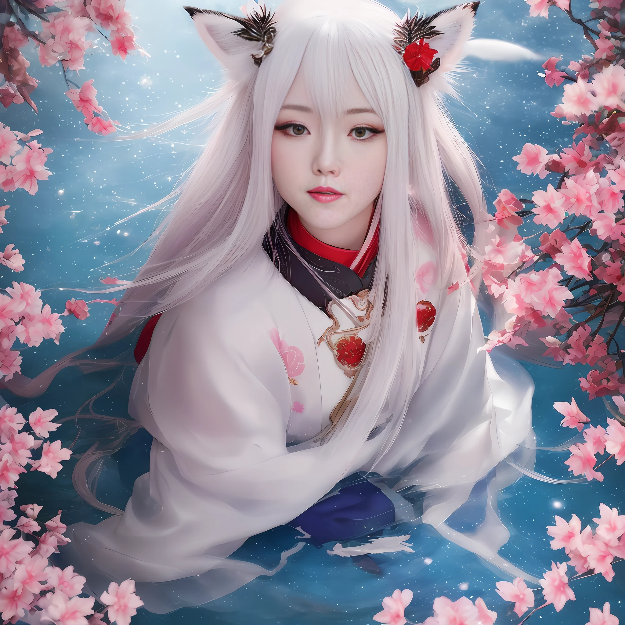 (photo-realistic: 1.4), (masterpiece, horizontal light, detailed beautiful eyes: 1.2), masterpiece* portrait, perfect figure, perfect face, 1girl, realistic, 3D face, glowing red eyes, shiny white hair, shiny skin, alone, anime girl in white robe with full moon background, beautiful girl, cute, furry art, (full body:1.1), colorful, fox, amaterasu, beautiful fox woman, anime Styled digital art, Onmyoji, Portrait of Onmyoji, Detailed art of Onmyoji, Japanese art style, Stunning digital illustration