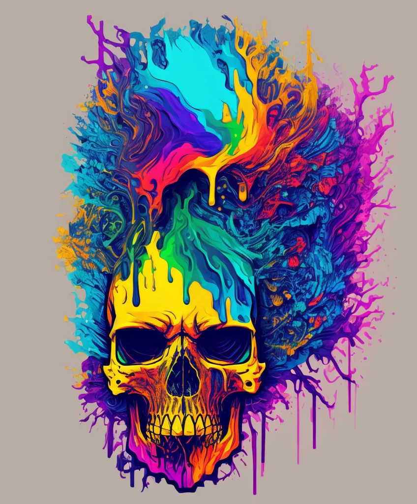 (a portrait of Cyberpunk Skull with colorful fluid l:1) ,  t-shirt logo in the style of tapered  fine outline,  orthographic-view, art on (empty background:1.4)Hands,