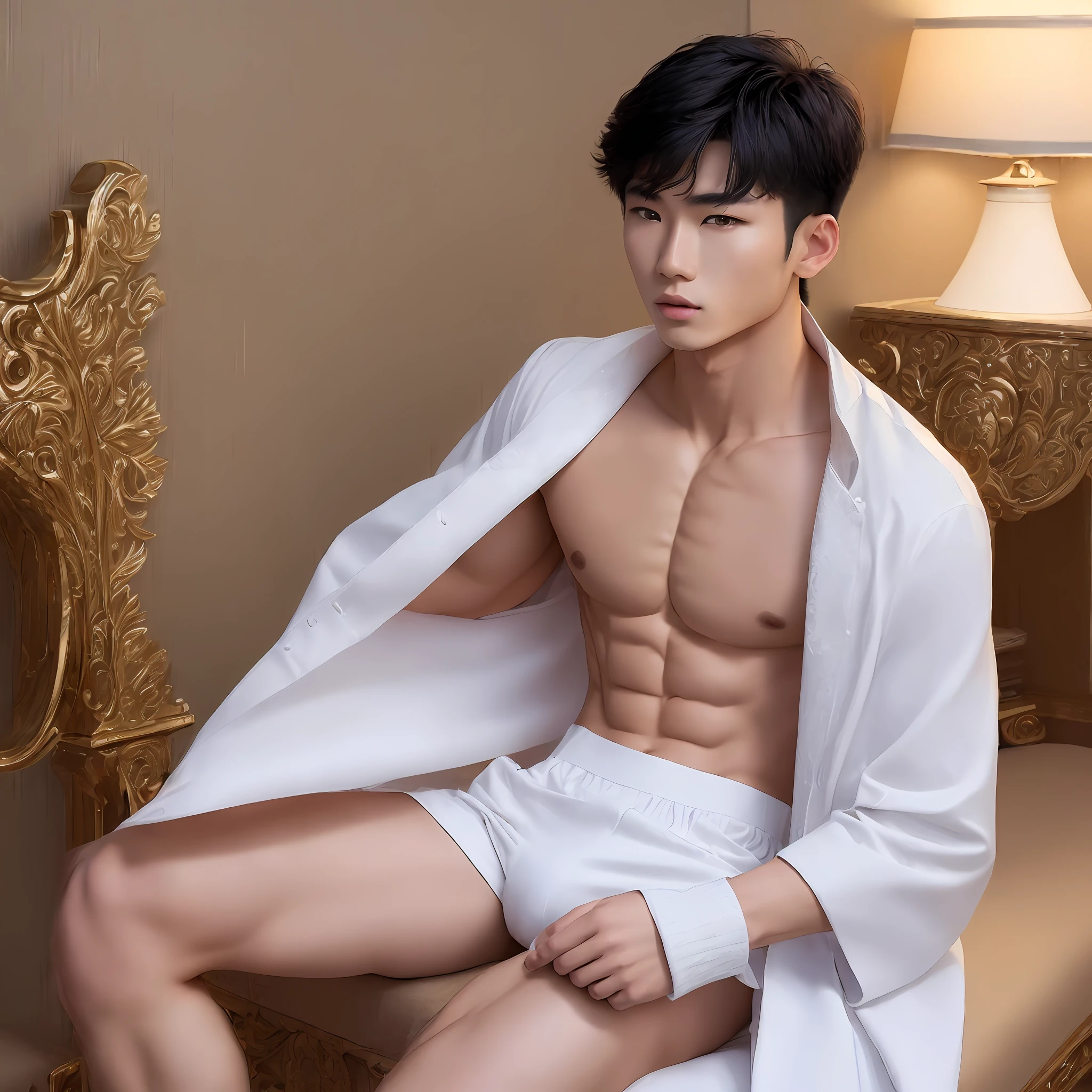 (One person:1.9), hmasterpiece, ultra quality, high resolution, 8k, intricate: 1.2), (detailed face:1.2), handsome, Young Korean man ,white skin, double eyelids , detailed skin, 1boy, ((realistic)), abs, good lighting quality, muscle veins, ((pale skin)), (sitting:1.4), lust face, wearing sport outfit, (solo:1.9),