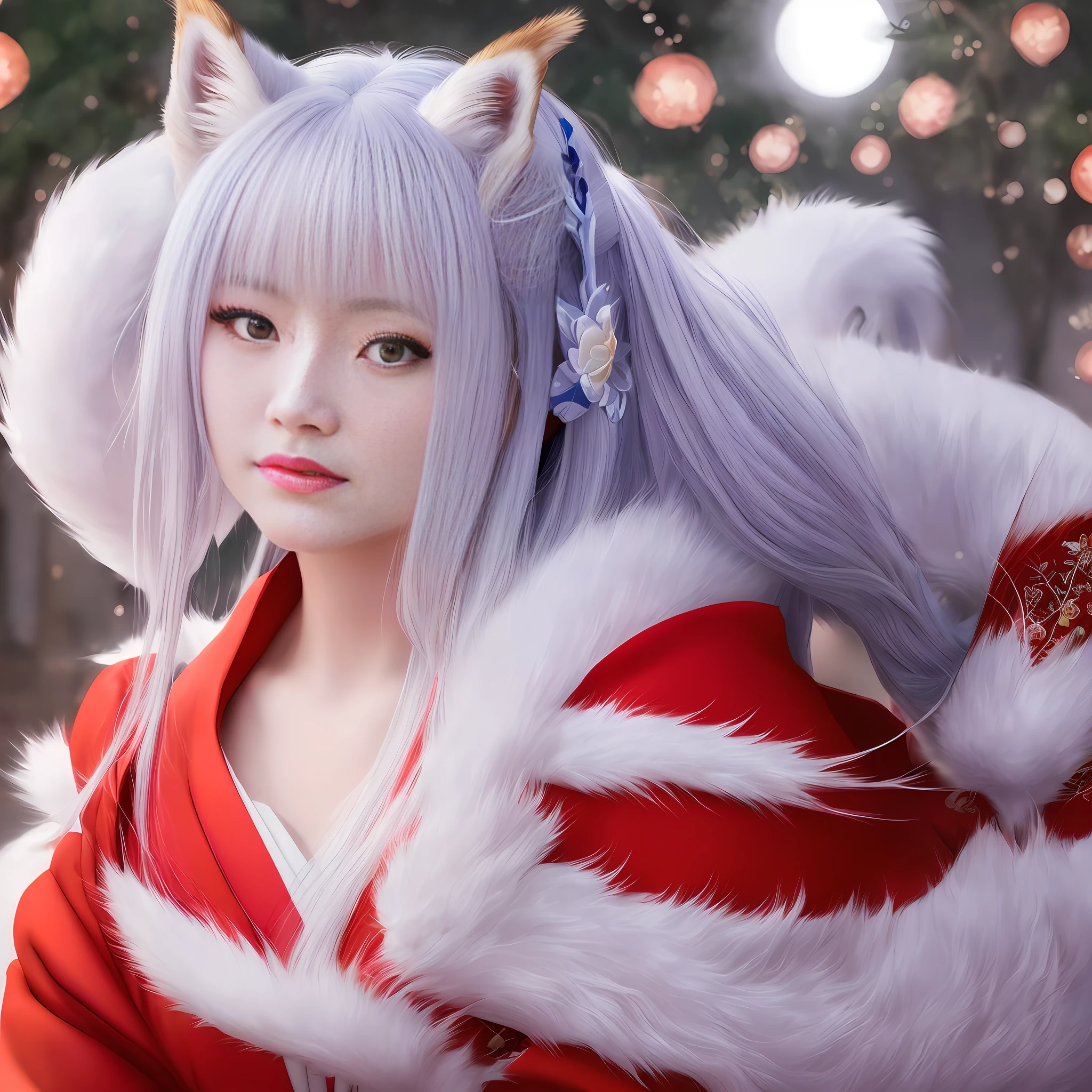 (photo-realistic: 1.4), (masterpiece, sidelight, detailed beautiful eyes: 1.2), masterpiece*portrait, 1girl, realistic, high-definition, 3D face, front face, glowing red eyes, glossy hair, Shiny skin, one person, anime girl in white robe with cat ears and full moon in background, furry art, colorful, fox, amaterasu, beautiful fox woman, anime style digital art, onmyoji , portrait of an onmyoji, detailed art of an onmyoji, Japanese art style, stunning digital illustration