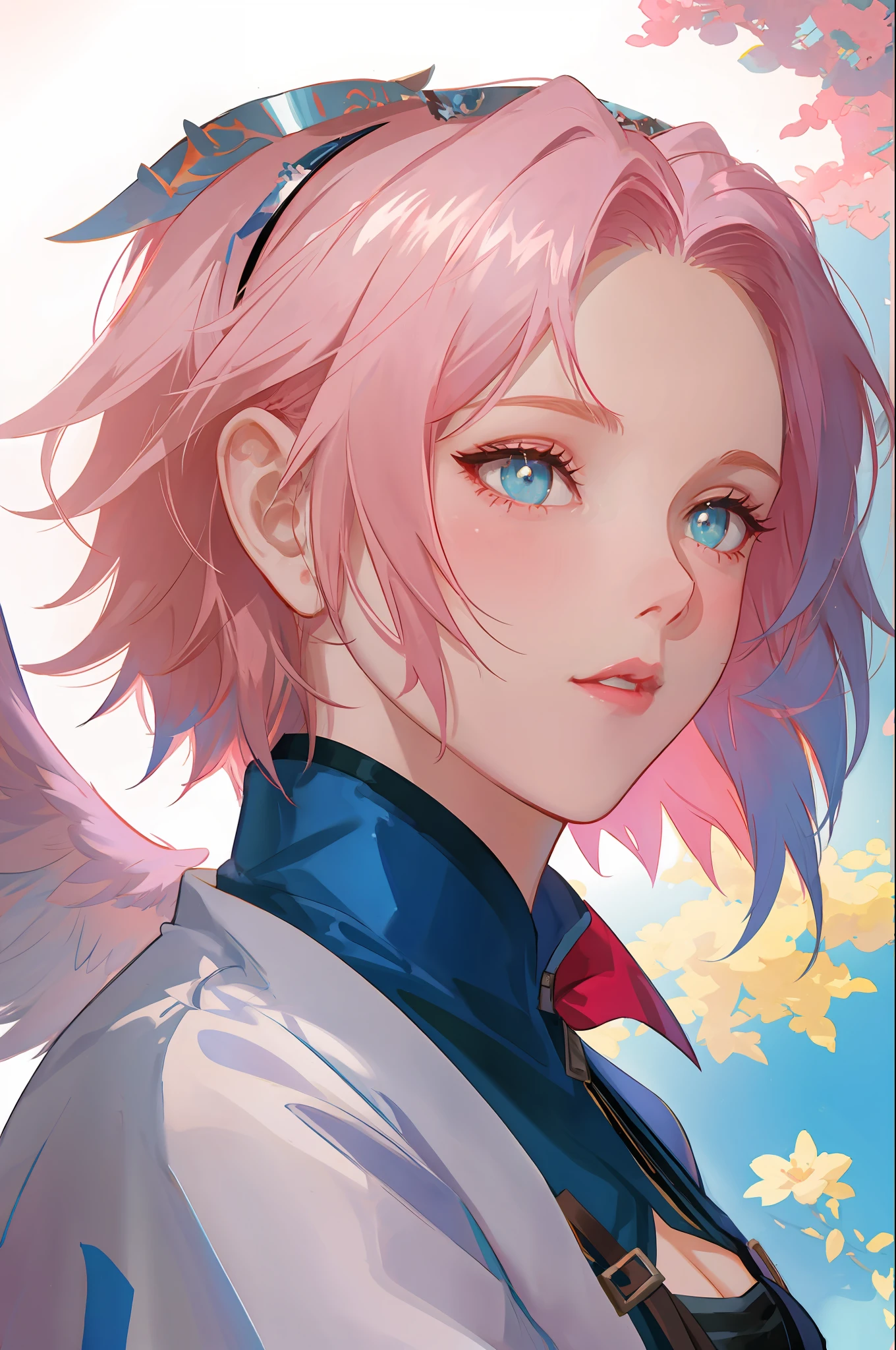 Queen of angels, beautiful woman, seductive, dark, standing, with wings coming out of her back, sensual eyes, blue dress, forehead showing, queen, pink hair, delicate, young, short hair, full body, by League of Legends , trending on artstation, by rhads, andreas Rocha, rossdraws, makoto shinkai, laurie greasley, lois van baarle, ilya kuvshinov and greg rutkowski