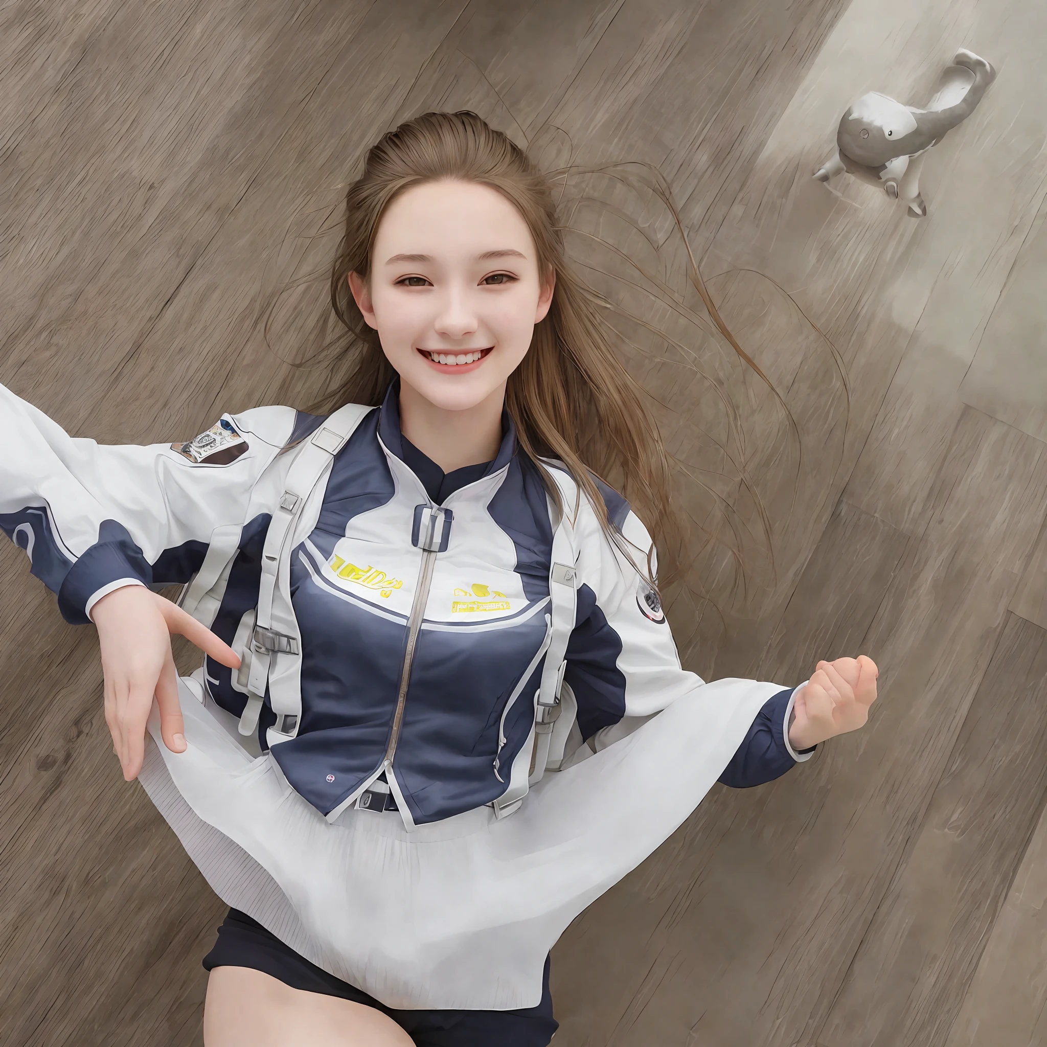top quality, ultra-detailed, 20 years old, beautiful, female, jumping, (smile: 0.6), uniform