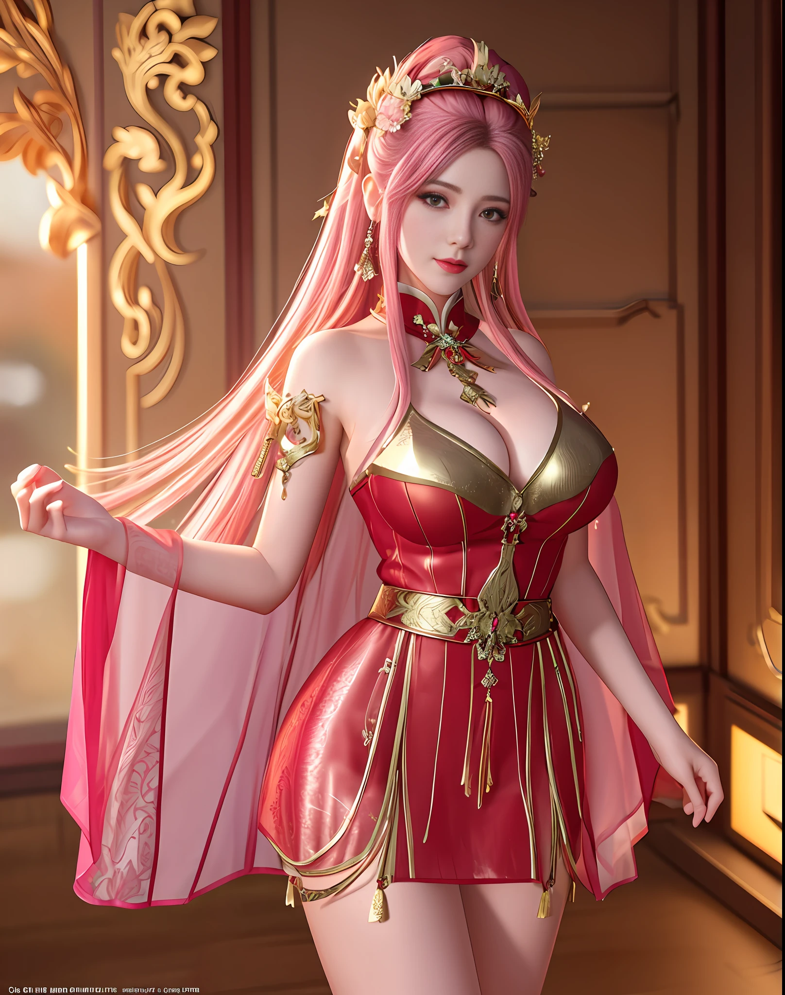 best quality, masterpiece, 4k, 8k, Beautiful face, tyndall effect, photorealistic, (high detailed skin:1.2), highres, full body detail, a woman in a sexy transparent pink lace dress with a gold belt, mini skirt, cinematic goddess body shot, a beautiful fantasy empress, a beautiful sorceress, hyperdetailed fantasy character, 4 k detail fantasy, full body xianxia, extremely detailed goddess shot, beautiful sorceress, unreal engine render + a goddess, goddess. extremely high detail, lady in red armor,(gigantic breasts:1.25)