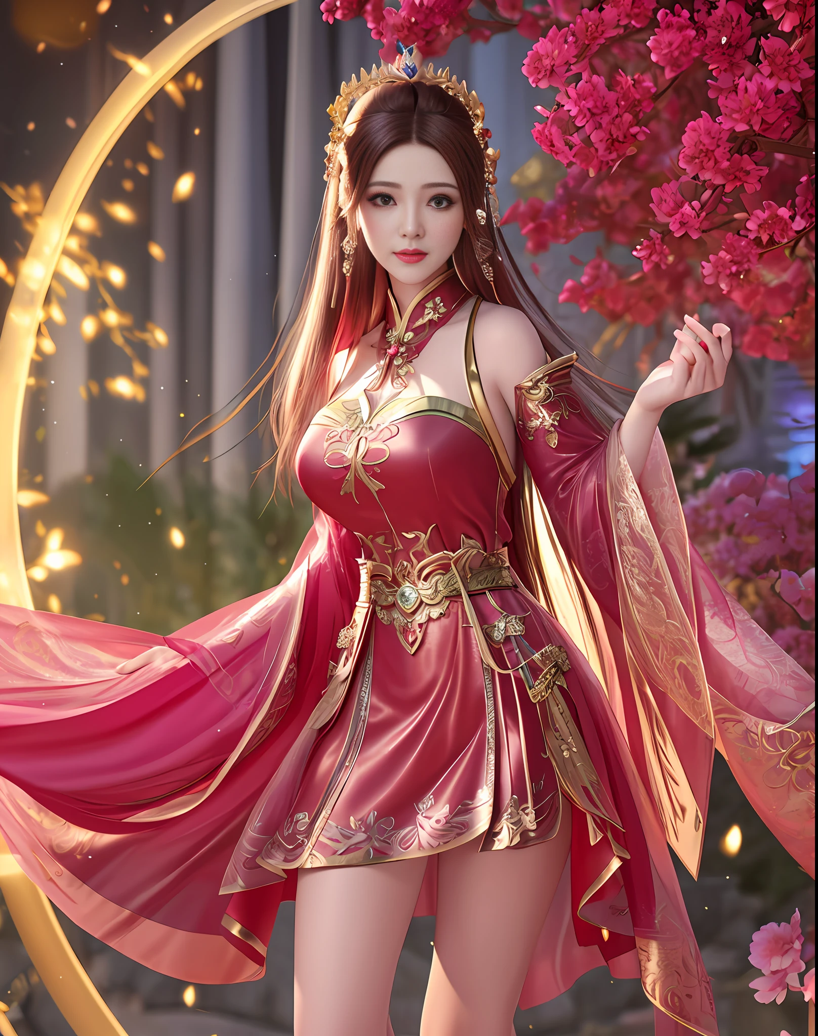 best quality, masterpiece, 4k, 8k, Beautiful face, tyndall effect, photorealistic, (high detailed skin:1.2), highres, full body detail, a woman in a sexy transparent pink lace dress with a gold belt, mini skirt, cinematic goddess body shot, a beautiful fantasy empress, a beautiful sorceress, hyperdetailed fantasy character, 4 k detail fantasy, full body xianxia, extremely detailed goddess shot, beautiful sorceress, unreal engine render + a goddess, goddess. extremely high detail, lady in red armor,(gigantic breasts:1.25)