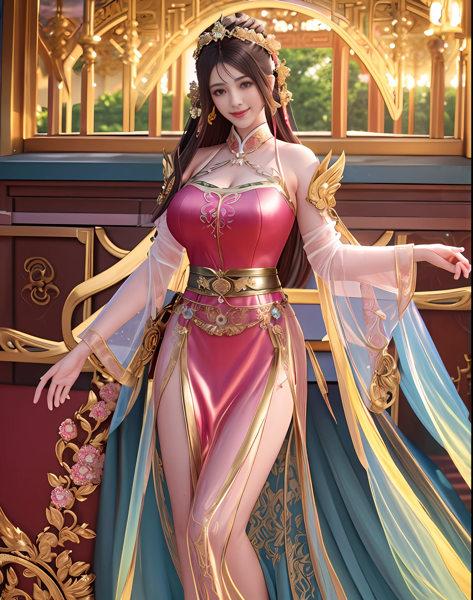 best quality, masterpiece, 4k, 8k, Beautiful face, tyndall effect, photorealistic, (high detailed skin:1.2), highres, full body detail, a woman in a sexy transparent pink lace dress with a gold belt, mini skirt, cinematic goddess body shot, a beautiful fantasy empress, a beautiful sorceress, hyperdetailed fantasy character, 4 k detail fantasy, full body xianxia, extremely detailed goddess shot, beautiful sorceress, unreal engine render + a goddess, goddess. extremely high detail, lady in red armor,(gigantic breasts:1.25),((Coy Smile))