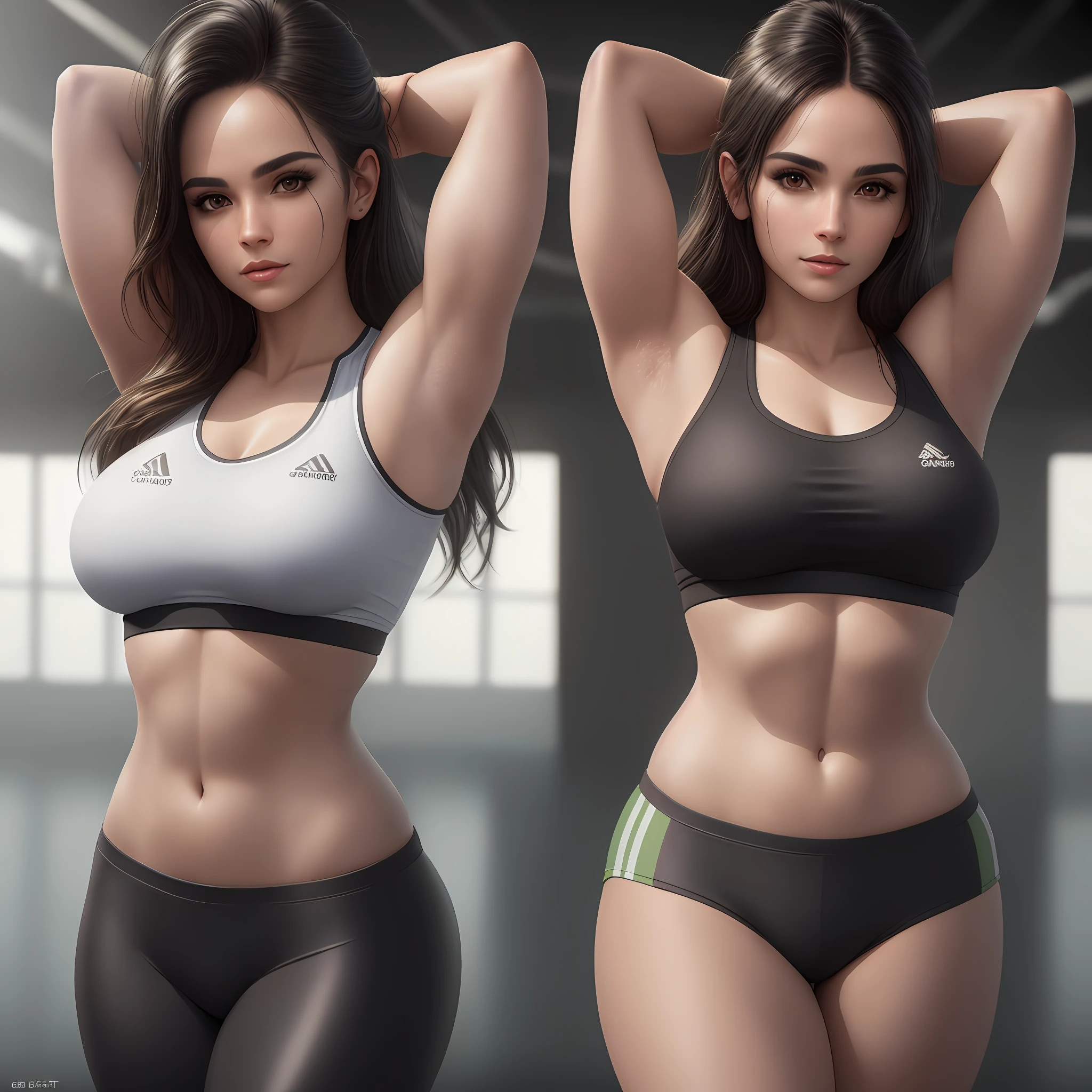 beautiful mature brazilian college girl in gym outfit, leggings, arms up, armpit, dark eyeliner, toned body, photorealistic, photo, masterpiece, realistic, realism, photorealism, high contrast, photorealistic digital art trending in Artstation 8k HD high definition detailed realistic, detailed, skin texture, hyper-detailed, realistic skin texture, best quality, ultra high resolution, (photorealistic: 1.4), high resolution, detailed, raw photo