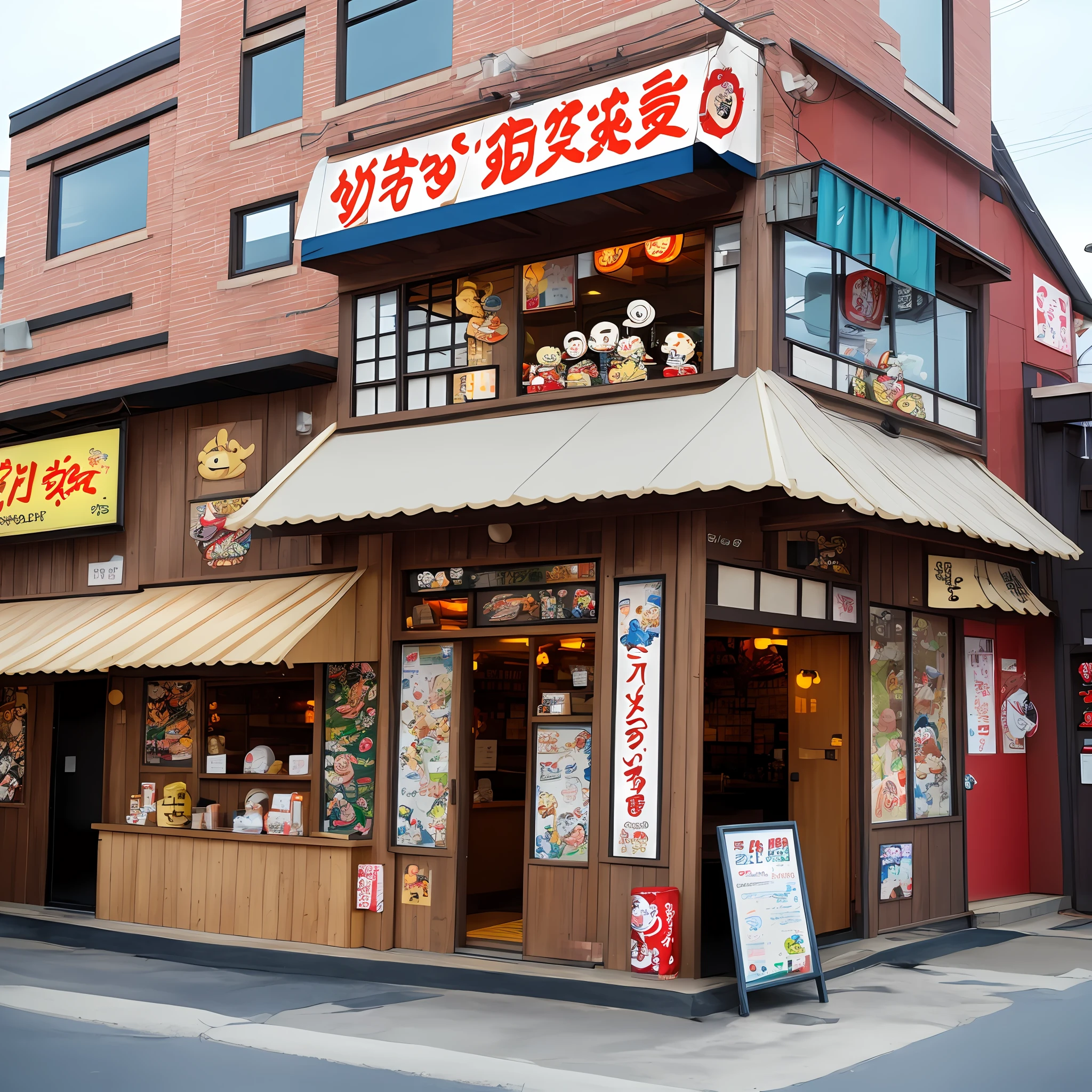 The ramen shop&#39;s exterior, decorated with various cartoon characters, and easy-to-read menu signs.