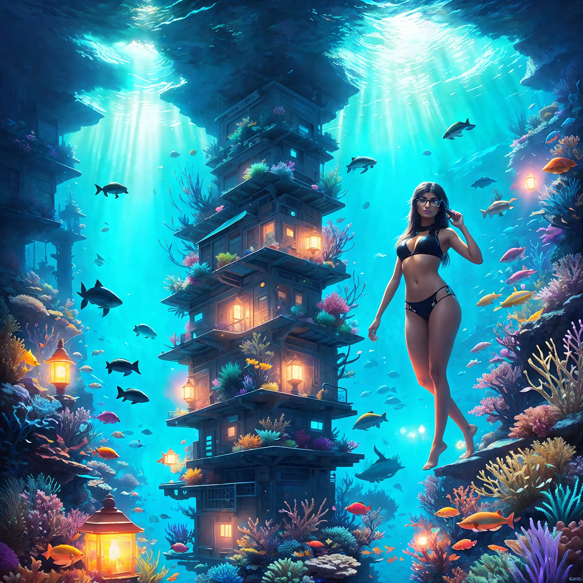 Mia Khalifa close to viewer, black thight diving sut,(best quality,masterpeace),(hyperdetailed colourful),
An underwater city of bioluminescent creatures
, hdr, cinematic lighting, trending on artstation,trending on CGSociety, professional majestic oil painting by greg rutkowski,immense detail, rim lighting, two tone lighting, dimly lit, low key ,