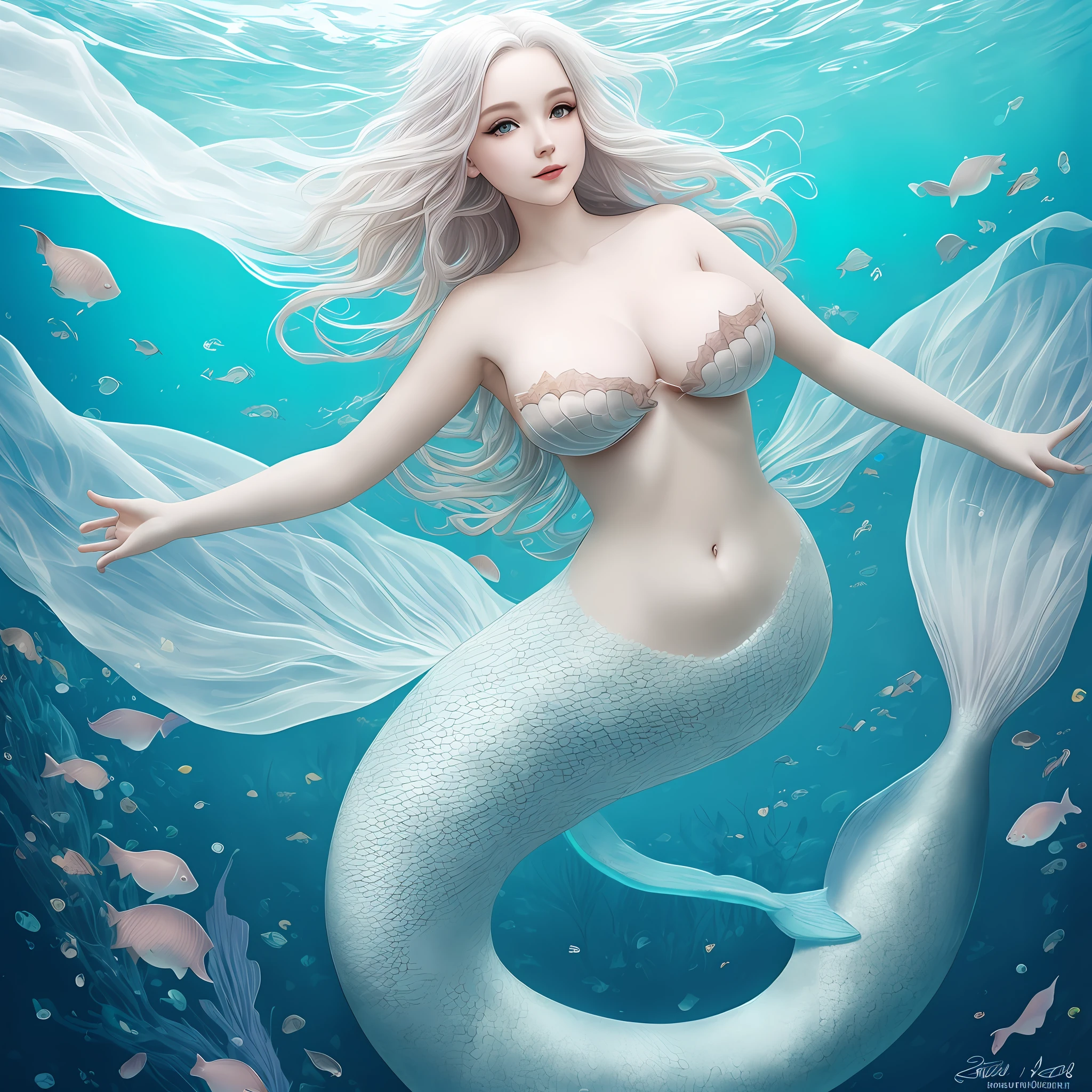 Create a mermaid with beautiful breasts, lace, transparent, Surrealism, social media composition, high details, high details, high quality, best quality, 8k, 16k