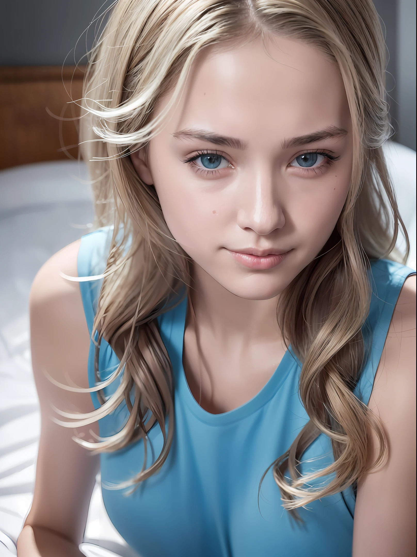 Russian, (best quality, ultra high res, raw photo, masterpiece, extremely detailed photograph), (photorealistic:1.4), 1girl, (loose t-shirt1.4), light smile, solo focus, looking at viewer, close up,  gray hair, blue eyes, from above, (sitting on bed), (wavy hair)