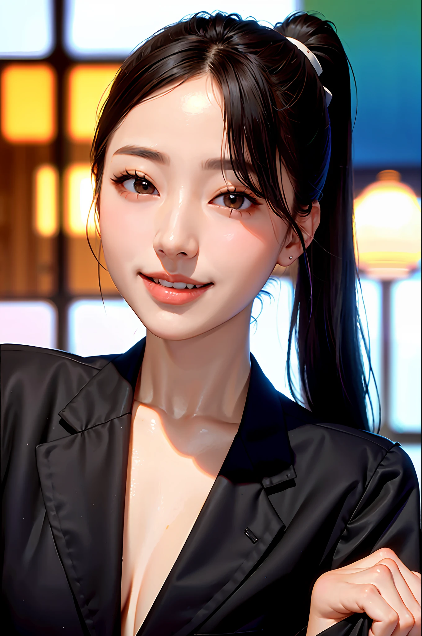 Korean girl, black hair, older sister, putting her hair in a ponytail and smiling to the narrator, high definition picture, masterpiece, (beautiful girl, cafe, seductive, virgin, sexy), (secretary), coquettish smile, coquettish woman, school uniform ,school uniform, senior, older sister,