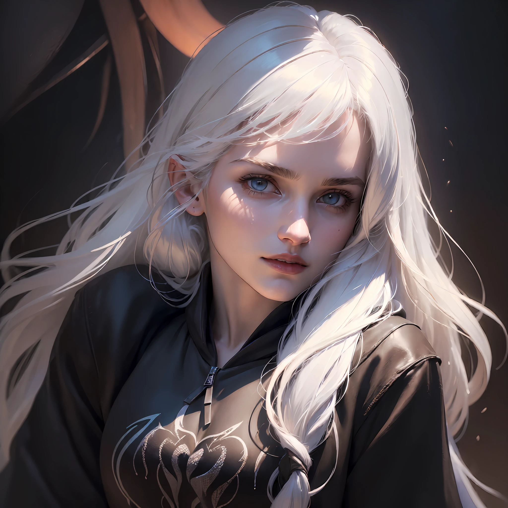 (in the dark:1.6), Hyperrealist portrait of female by david hockney and alphonse mucha,fantasy art, photo realistic, dynamic lighting, artstation, poster, volumetric lighting, very detailed faces, 4 k, award winning,, 1girl, in the dark, deep shadow, low key,cowboy shot,(official clothing:1.4) ,long hair,white hair,