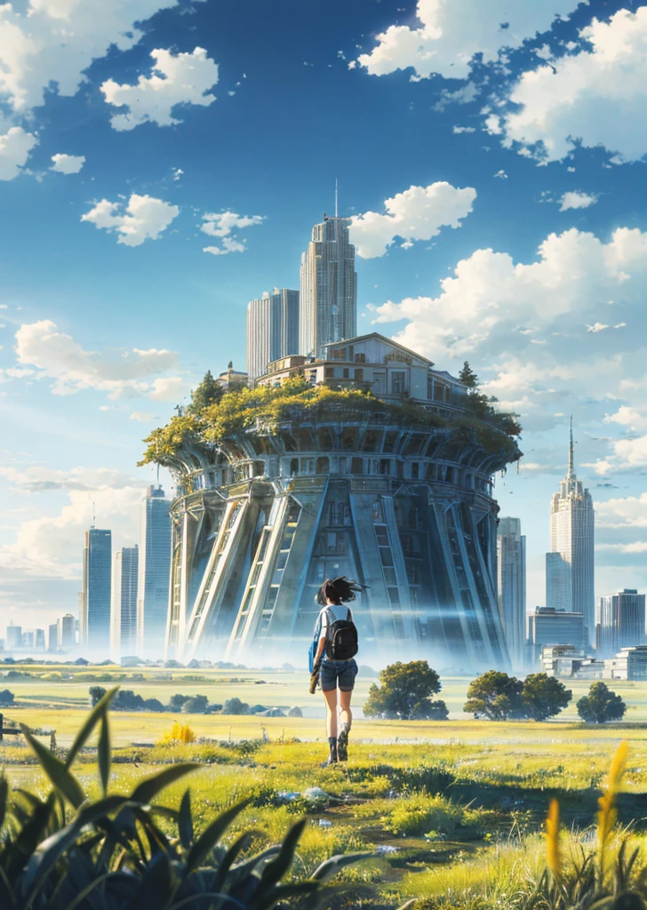 The vast sky, beautiful skyline, large grasslands, extremely tense and dramatic pictures, moving visual effects, the high-hanging Polaris, and colorful natural light. A girl with a long-sleeved top and denim shorts with a backpack on her back and a Russian building in the distance
