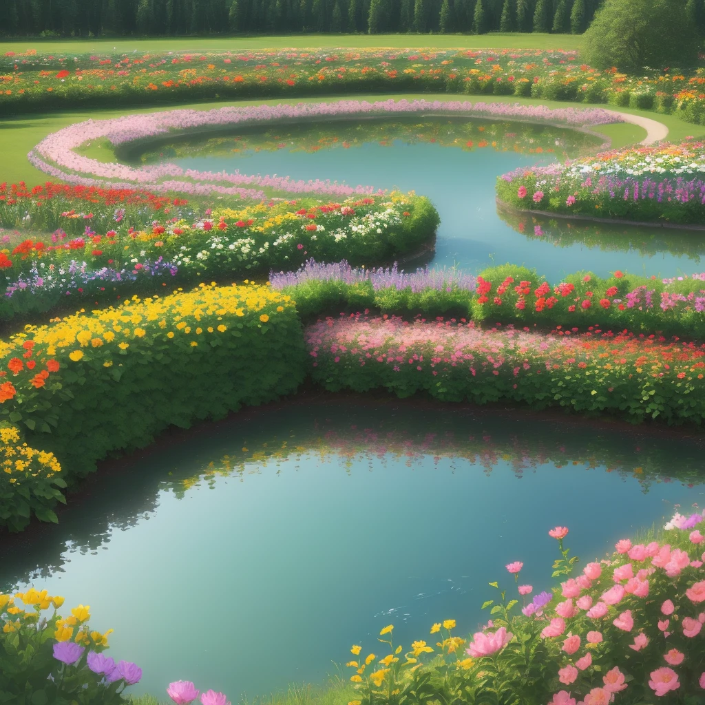 a flower garden with a lake