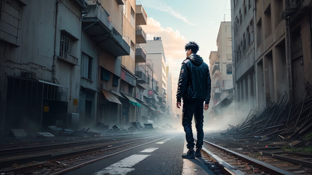 1man, look around, full body, dark background, distant view