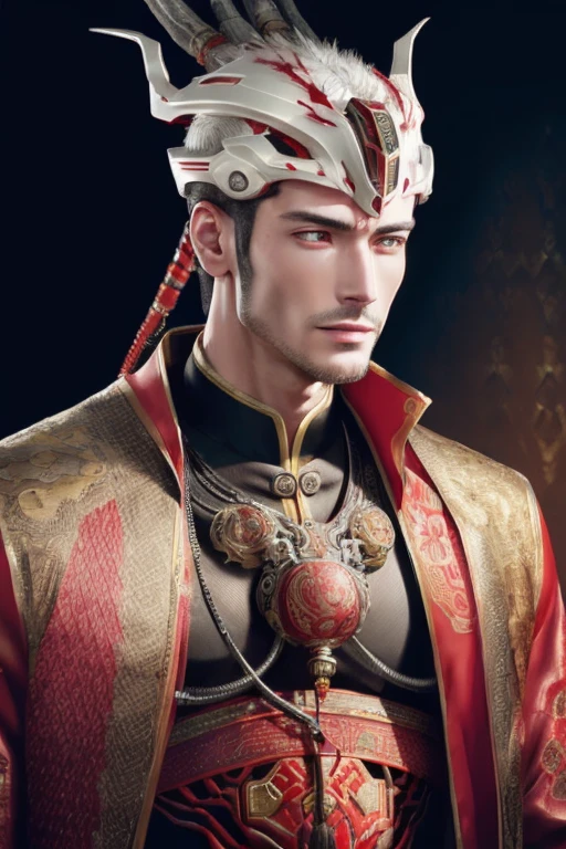 1mechanical man,((ultra realistic details)), portrait,octane render, 8k, ultra sharp,intricate, illumination,, metal, chinese style,chinese dragon, egypician detail, highly intricate details, realistic light, shadows, ornaments detailed, cold colors trending on cgsociety, glowing eyes, facing camera, neon details, machanical limbs,blood vessels connected to tubes,mechanical vertebra attaching to back,mechanical cervial attaching to neck,sitting,wires and cables connecting to head