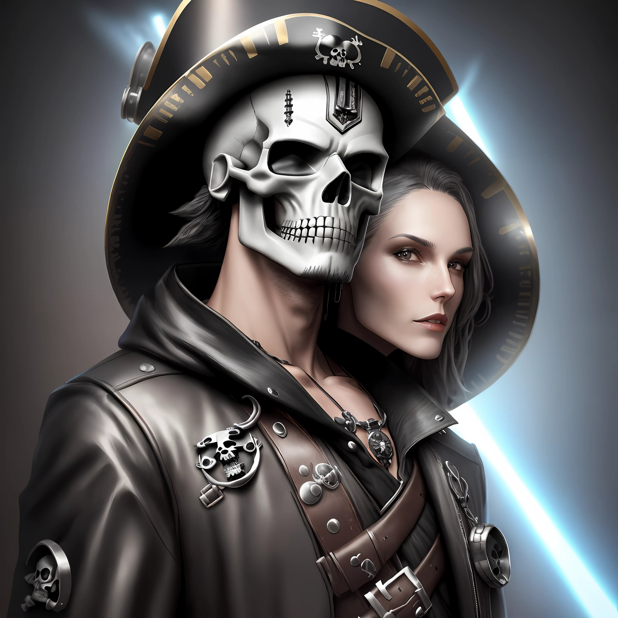 futuristic intergalactic black leather pirate hat with skull head image (stainless steel skull image: 1.2), (caribbean pirate style: 1.2), intergalactic, hyper realistic, lots of details