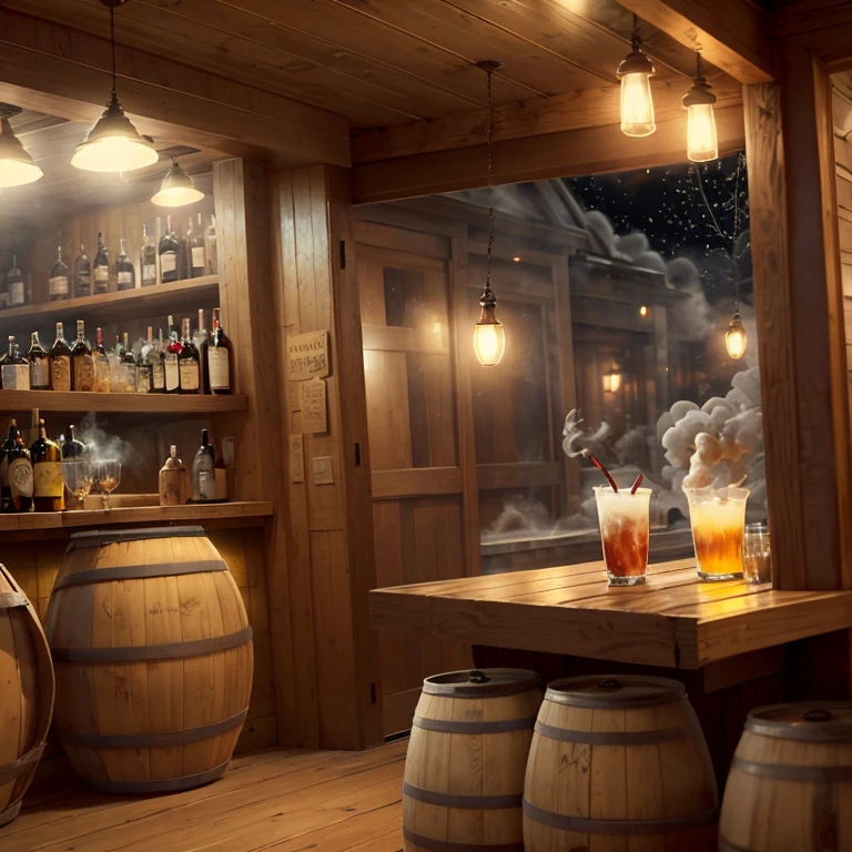 scene decoration realistic old american bar smoke low light windows alcoholic beverage barrels gray yellow smoky winter nights