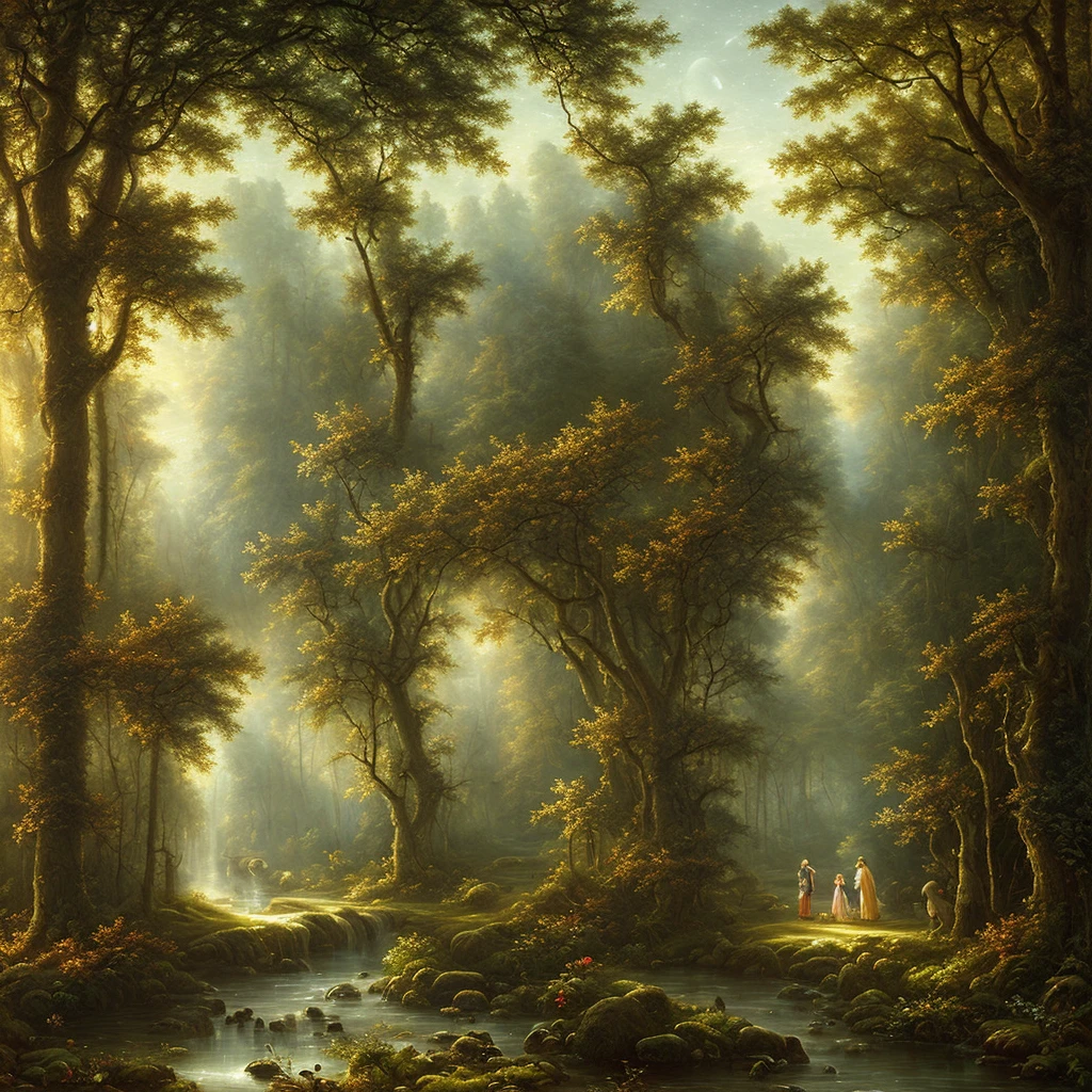 ((Best Quality)), ((Masterpiece)), ((Ultra Realistic)), ((Night)), Award-winning Trend Soft Oil Painting In Mysterious Forest Of Medieval Arts Station, Man Towards Paradise