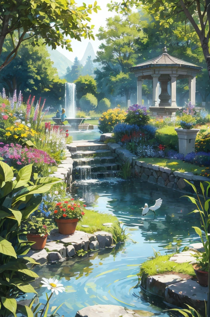 In the picture, is a beautiful garden. There are all kinds of flowers in the garden, and the colorful colors look very gorgeous under the sunshine. There are many birds among the flowers, and they sing happily in the garden, creating a joyful and relaxing atmosphere. The garden is surrounded by rows of trees with dense canopy, which makes people feel cool and comfortable. There is soft grass under the trees, where many people rest and play. In the center of the garden is a small fountain. The water column is sprayed from the center, forming a flowering water flower, which falls in the pond, splashing circles of ripples. The tone of the whole picture is dominated by bright colors, presenting a bright, fresh and energetic feeling. The flowers and birds in the picture present real and delicate textures and shapes, which enhance the realism and three-dimensionality of the picture. The trees, grass and fountains around the garden show the beauty of nature and life, making people feel peaceful and relaxed. The whole picture creates a harmonious, comfortable and cozy atmosphere, making people feel that they are in the beauty of nature and life. There is no trouble and stress here, only laughter and happiness. This feeling is reminiscent of the beautiful scene of "Birds Singing and Flowers Scenting", as if the whole world has become a wonderful fairyland. This picture is full of admiration and awe for life and nature, making people feel the beauty of life and the mystery of nature. It reminds people to cherish life and nature, and makes people feel the beauty of life and the magic of nature.