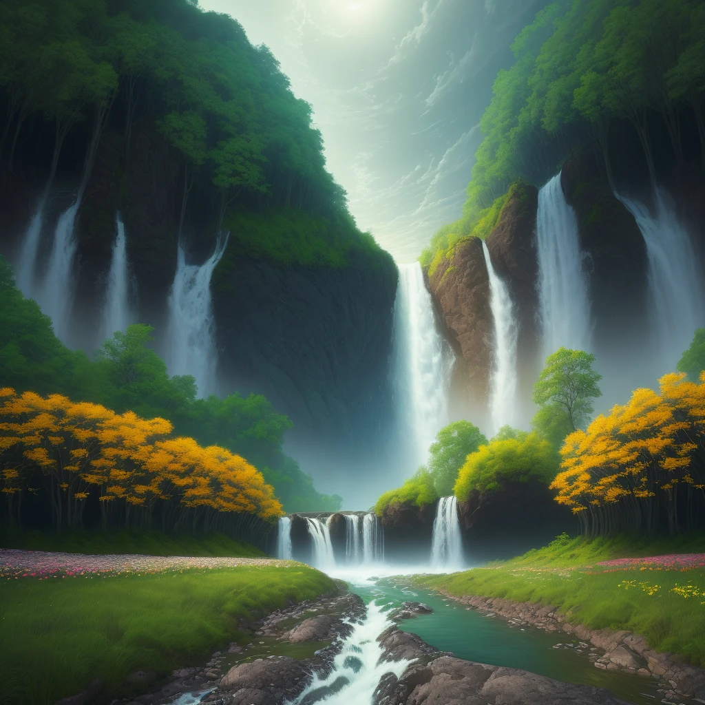 create an image of nature being one side day and the other night, with lots of vegetation, rivers, flowers, animals, Surrealism, Futurism, jpeg artifacts, cinematic lighting, border, top, Ultra-Wide Angle, textured skin, 8k, best quality , super detail