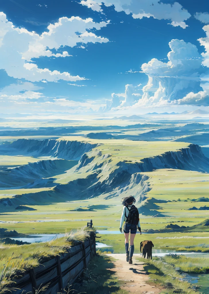 The vast sky, beautiful skyline, large grasslands, extremely tense and dramatic pictures, moving visual effects, the high-hanging Polaris, and colorful natural light. Long-sleeved tops, denim shorts, back and side backpack girls, in Siberia