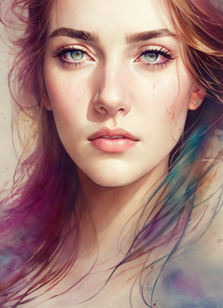 Kate Winslet face, a woman by agnes cecile, luminous design, pastel colours, ink drips, autumn lights