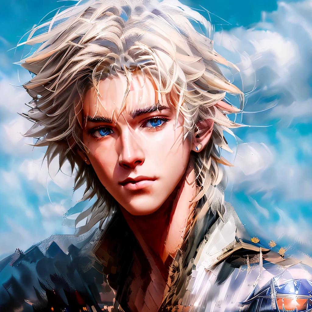 DBfantasyart, masterpiece, 1boy, 8K resolution, cinematic render of beautiful male character design, bard, fashion, concept art, messy hair, very detailed, smile, long hair, fantasy, light, face closeup