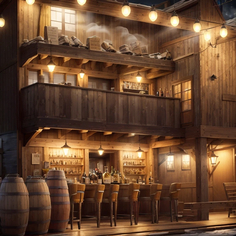 Movie scene decoration realistic old american bar smoke low light windows alcoholic beverage barrels gray yellow smoky winter nights