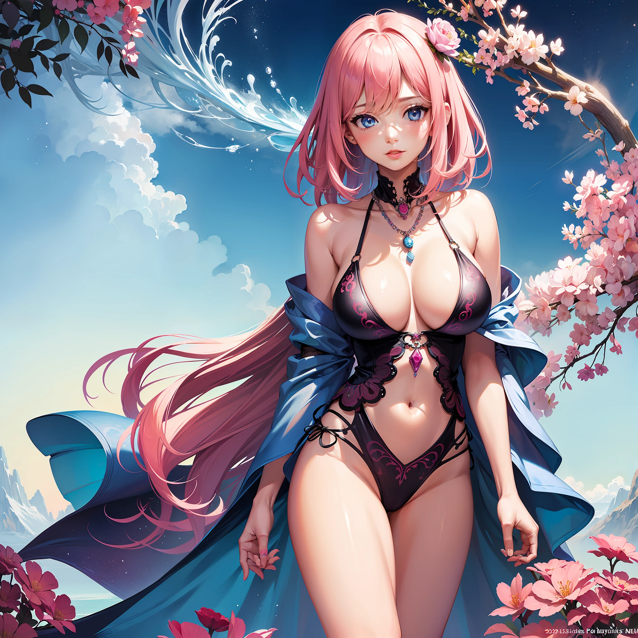 (masterpiece, top quality, best quality, official art, beautiful and aesthetic:1.2), 1girl, extreme detailed,colorful,highest detailed, (fractal art:1.2), (large breasts), pink hair, blue eyes, elysia-swimsuit, necklace, swimsuit, sandals,