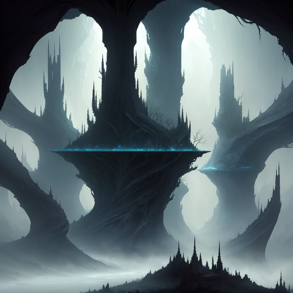 Vast angle of futurist dark valley with biomechanical buildings, alien monuments and thorns and obscure walls. Cosmic tornado in the sky. Satanic temple with polluted river. Horror art, hyperdetailed painting, color drawing. artwork, art by Dan Seagrave