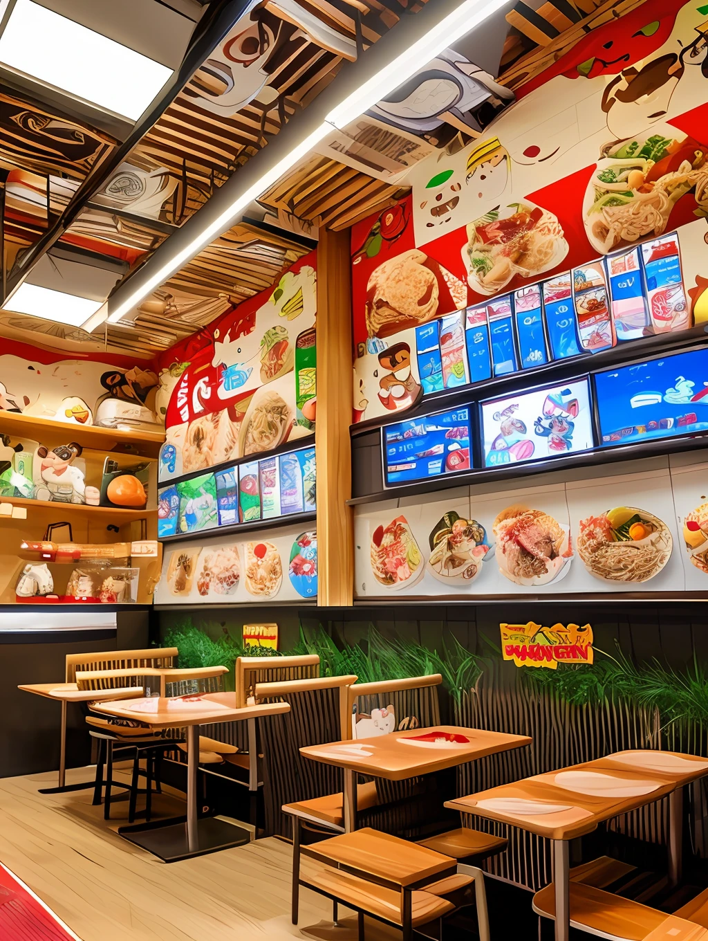 Inside the ramen shop decorated with cartoon characters, and there is a menu in an easily visible spot,
