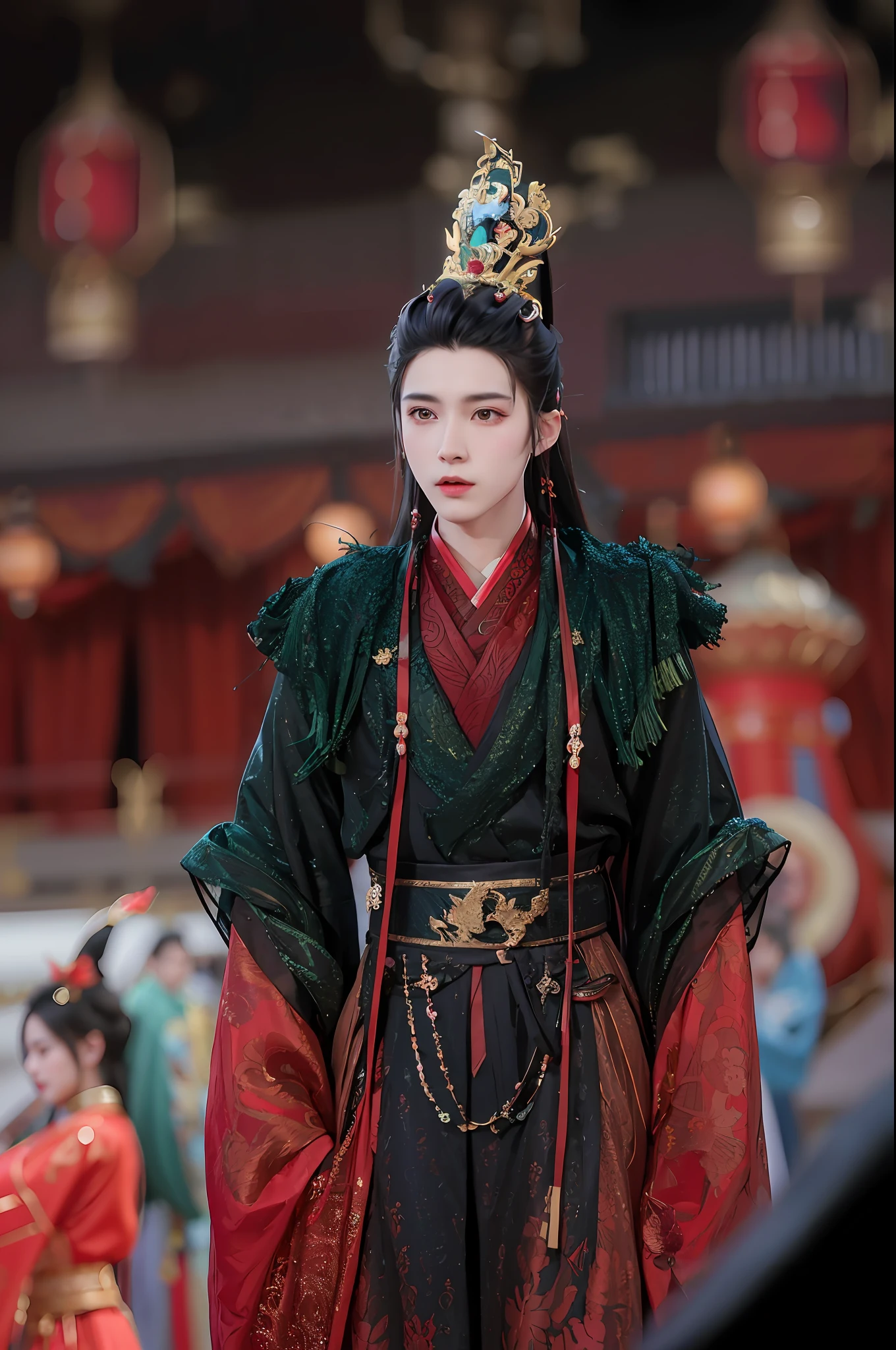 arafed man in a red and black costume standing in front of a crowd, cai xukun, beautiful androgynous prince, zhao yun, inspired by Zhang Han, heise jinyao, coronation of the flower prince, xianxia hero, delicate androgynous prince, full body xianxia, xianxia fantasy, handsome prince, nanquan