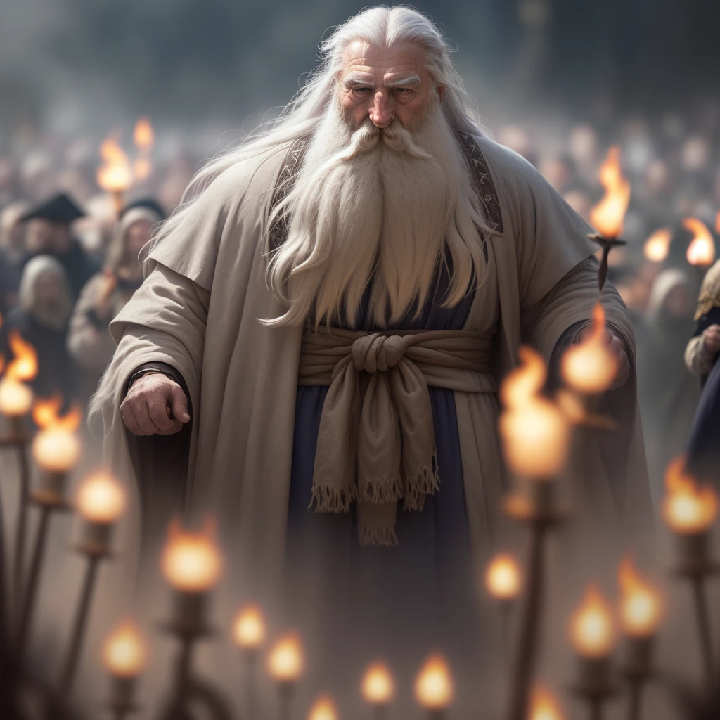 In the foreground huge standing crowd, in the background 1 man, wizard, robe, old, white long beard, white long hair, wind, magic, fire, smoke, dust
(Highest quality:1.3), cinematic shot, masterpiece, (sharp focus:1.5), (photorealistic:1.3), detailed background, dark lighting, twilight lighting,
analog style, volumetric lighting, intricate details, UHD, film grains,
