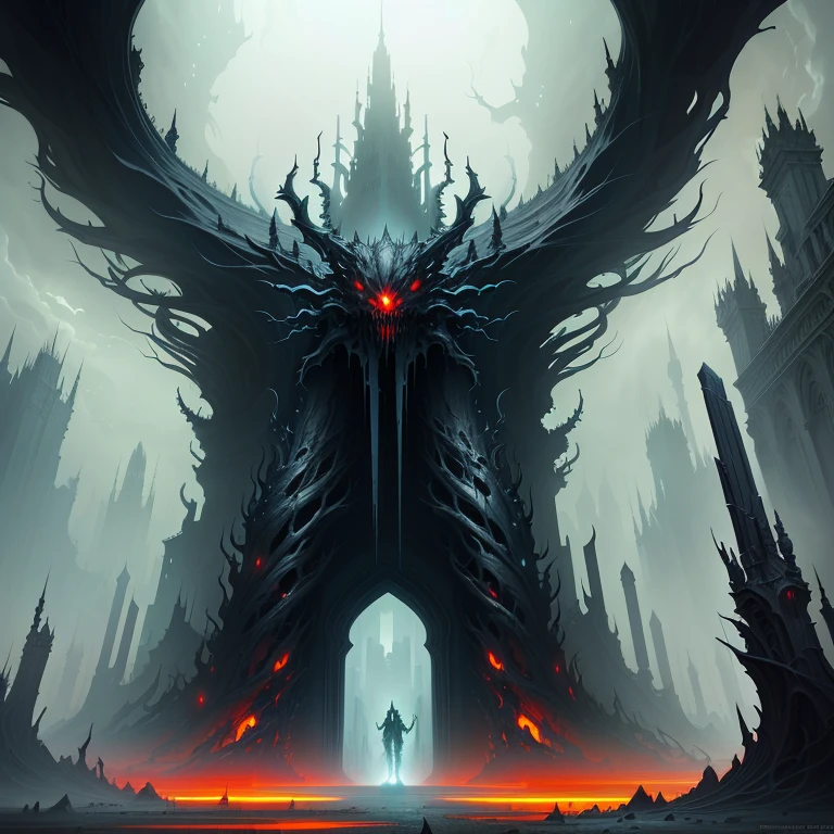 evil creatures rising from abyssal gateway. Creepy scenario in a futurist valley. Spiked monuments, rotten ends. Horror art. Hyperdetailed, color painting, masterpiece, illustration by Dan Seagrave